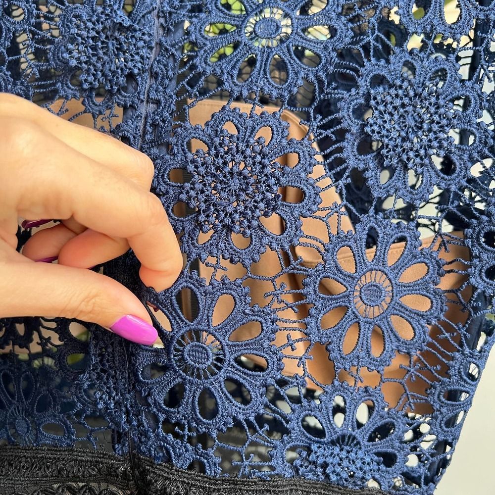 Self-Portrait Navy Floral Crochet Mini Dress with Black Waist Detail - Picture 14 of 14